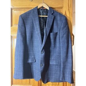 Tallia Blazer Jacket Men 46R Blue Plaid Windowpane Elbow Patch 2 Button‎ Lined